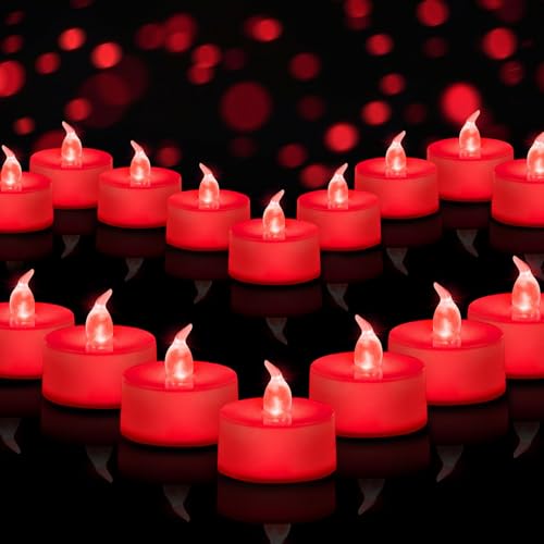 Image of Tea Lights Battery Operated Candles LED Tea Lights Flameless Candles 200+ Hours Flickering Fake Tealights for Sweetest Day Wedding Home Decorations Party (Red Base, 24 Pack)