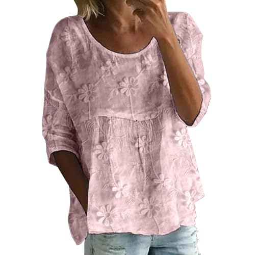 Damen Sommer Boho Blumen Tunika 3/4 Ärmel Flowy Fit Casual Loose Design Plus Size Option mit Falten Süße Bluse für Ausflüge, XXL