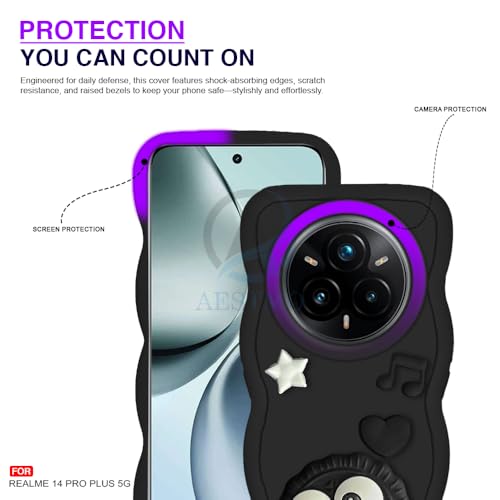 Image of AESTMO Back Case Cover for Realme 14 Pro Plus 5G | 3D Cute Fun Cartoon Characters | Anti Slip Grip Cute Wave Curly Frame Shape | Back Cover for Realme 14 Pro Plus 5G | (Black)