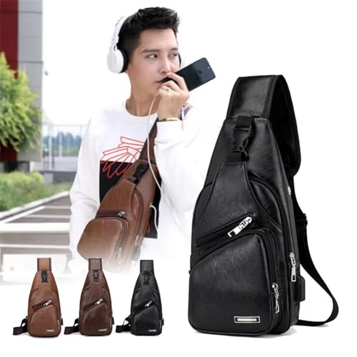 BQLQBQLQ Leather Sling Bag for Mens,Crossbody Backpack with USB Charging Port for Men Travel Outdoor Sports - Thumbnail 2