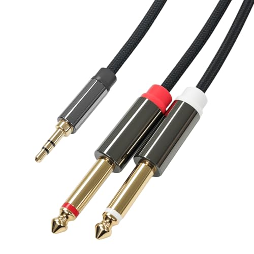 Cyberguys! - Cyberguys! 3.5mm to Dual 1/4 Cable, 1/8 TRS to Dual 1/4 TS Stereo Audio Cord, Gold-Plated Braided Adapter Cable, 3.5mm Stereo Cables for Mixer, Studio Monitor, Amplifier, Speaker, Sound Card, 6.6ft
