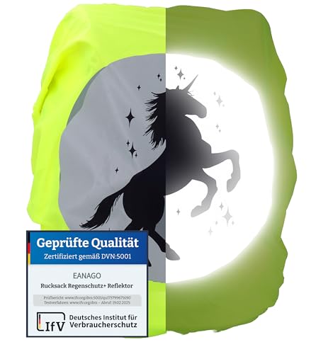 EANAGO Premium Regenschutz für Schulranzen und Rucksack - mit großem Sicherheitsreflektor - 100% wasserdichte Regenhülle - universell passend - Regenüberzug Ranzenhülle (Gelb_Einhorn)