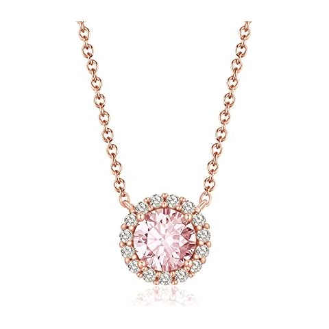 Gloffery 18K Rose Gold Created-Morganite Pendant Necklace for Women 925 Sterling Silver Round Solitaire Dainty Necklaces Cover