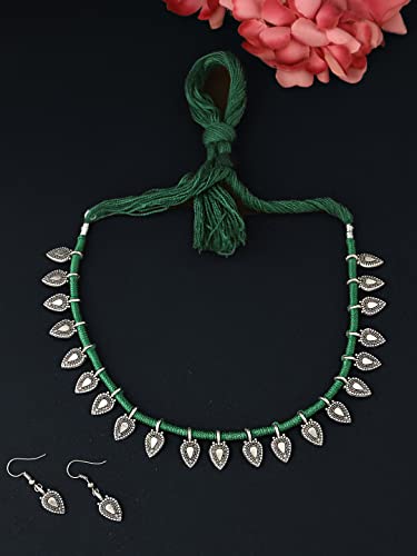 Image of Yellow Chimes Women and Girls Traditional Silver Oxidised Choker Jewellery Set - Black