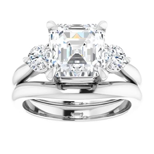 Asscher Cut Moissanite Bridal Ring Set VVS1 Colorless Solitaire Three Stone Wedding Anniversary Ring Handmade Gift for Her, 925 Silver/10K/14K/18K Gold (3 CT)