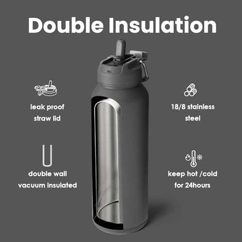 BOTTLE BOTTLE Insulated Water Bottle with Straw 1180ml(40oz) Sports Stainless Steel Water Bottles with Handle Lid Outdoors Drink Flask for Pills (gray) - Image 3