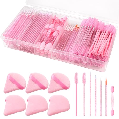 BESARME 300 Pcs Pink Disposable Makeup Applicators Tools with Triangle Puffs Lip Applicators Eyeliner Brushes Mascara Wands Makeup Artist Kit Essentials with Box