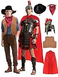 Mepase 5 Pcs Western Cowboy and Roman Emperor Costume Accessory Cowboy Hats Scarf Vest Roman Soldier Helmet and Cloak Gladiator Outfit for Adult Men Women Halloween Dress up Party Cosplay