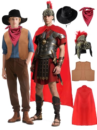 Mepase 5 Pcs Western Cowboy and Roman Emperor Costume Accessory Cowboy Hats Scarf Vest Roman Soldier Helmet and Cloak Gladiator Outfit for Adult Men Women Halloween Dress up Party Cosplay
