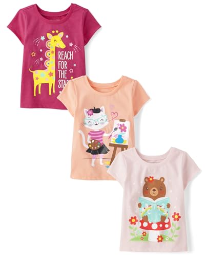 The Children's Place,Baby Girls,Animals Short Sleeve Graphic T-Shirts,Multipacks,Cat/Giraffe/Bear 3-Pack,2 Years