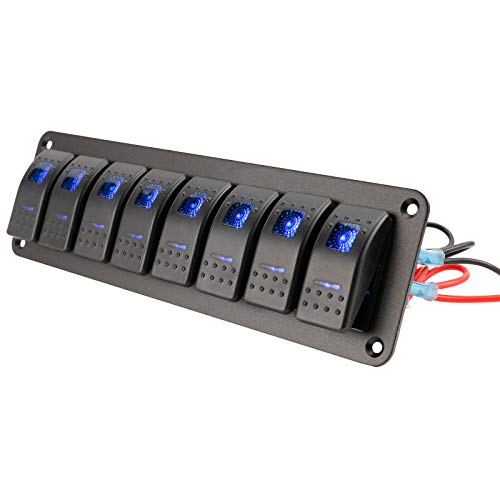 Amarine Made 12-24V Boat Switch Panel Illuminated Rocker Switch Aluminum Pre-Wired Panel 2,3,4,5,6,8 Gang Toggle Switches Dash 5 Pin On/Off 2 Led Backlit For Bus Boat Car Marine Blue Led Ip65 (8 Gang) #TOP3