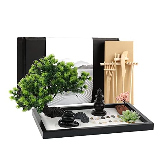 Zen Garden Kit for Desk Decor - Premium Beautiful Japanese Mini Zen Sand Garden Box Set for Home, Office with Black Wooden Tray, White Sand, Rake Tools - Desktop Meditation, Therapy and Accessories