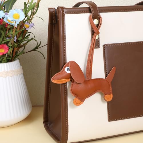 Lusofie 3 Stück Leder Dackel Schlüsselanhänger Set Taschenanhänger Tasche Welpe Hundetasche Anhänger Bag Charms Hundeförmiger Tierisch Keychain Süßes Hund Deko Dackel Geschenke Für Frauen Männer