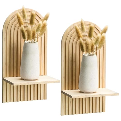 Hnonoxy Juego de 2 estantes de pared, estantes flotantes para decoración de pared, estantería colgante de pared, estantería de pared bohemia, estantería de pared de madera natural, estantería colgante