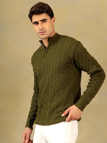 Image of Kvetoo Men's Wool High Neck Zipper Sweater, Full Sleeve Cable Knit Quarter Zip Winter Pullover Olive Size 2XL