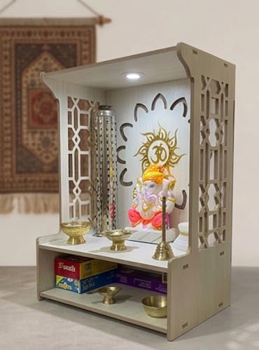 Image of Beautiful Wooden Pooja Stand for Home, Temple, Office, Wall Mounted Puja Mandir with LED Spot Light Size (L- 29 CM, W- 25 CM, H - 37.5 CM)