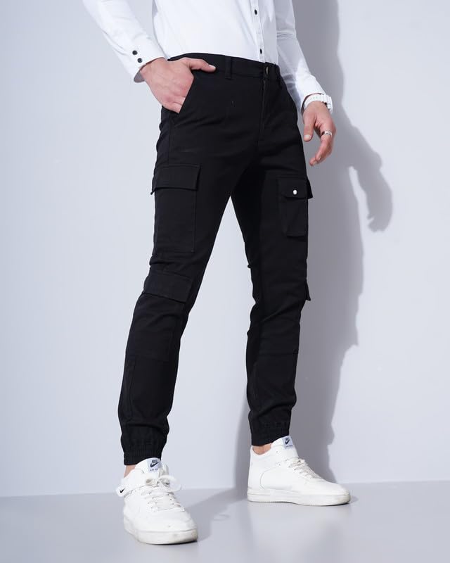 Image of British Club 98% Cotton, 2% Elastane Slim Fit Cargo Jogger Pants | Flat-Front Design | Adjustable Waistband | Multiple Pockets | Lightweight Fabric | Modern Style | Comfortable | Durable Black