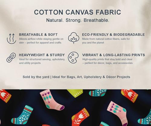 Image of Soimoi Blue Cotton Canvas Fabric Socks & Gloves Folk Art Print Fabric by the Meter 42 Inch Wide