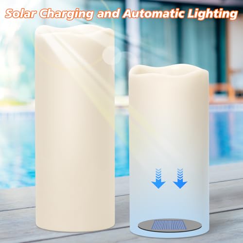 Image of GenSwin Solar Outdoor Waterproof Flameless Candles, 4 inchx8 inch10 inch Large Solar Rechargeable Pillar Candles, Sensor for Dusk to Dawn, for Outdoor, Lanterns, Pation, Home Decor(Set of 2)