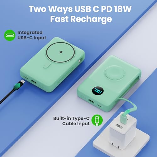 Image of 6 in 1 Magnetic Portable Charger for iPhone with Built-in Cables, 10800mAh 25W PD Fast Charging Power Bank, 6 Outputs LCD Display Travel Essential Battery Pack for iPhone 17 /16 /15 /14 /13 /12 (Green)