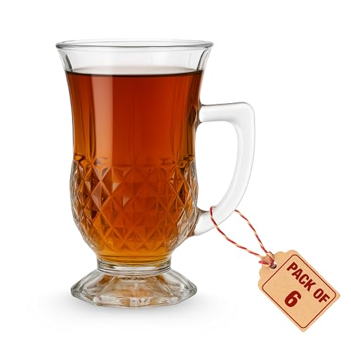 yersiz Footed Turkish Tea Glasses With Handle, Set of 6 Cups, Crystal Clear Tea and Latte Glasses, Slim Waist Design and Thick Sole Prevent the Drinks From Getting Cold, Dishwasher Safe, 5.5 oz