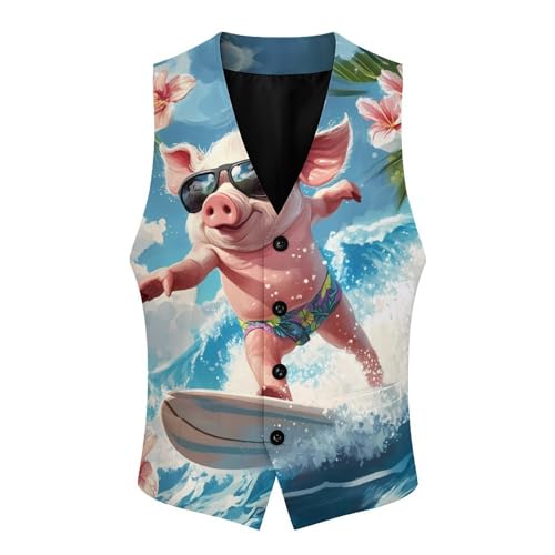 Pigs Surfing Mens Slim Fit Suit Vest Dress Waistcoat Casual Business Vest4