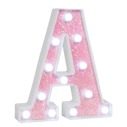 Image of Pink Glitter Marquee Light Up Letters, Battery Operated LED Letter Lights Signs for Pink Birthday Party Table Decorations, Wall Decor for Girls Bedroom, Initial Letter A with Cool White Lights