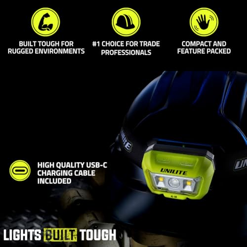 Image of Unilite HL-8R USB Rechargeable Dual Beam Sensor Head Torch | 475 Lumen | 6500k | 4 to 35 Hours Run Time | 90 Meter Beam Range | IP65 IK07