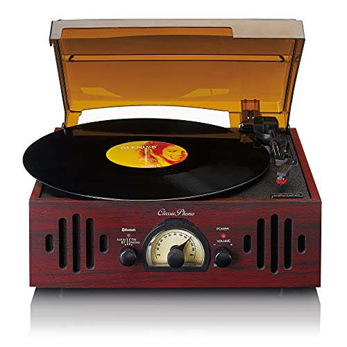 Classic Phono TT-43 Platine Vinyle Bluetooth - Tourne-Disque rétro avec Haut-parleurs - 3 Vitesses - Radio FM - AUX et RCA - Housse Anti-poussière - Noyer Cover