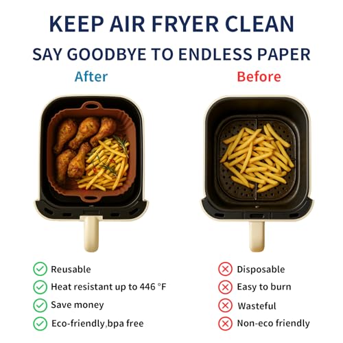 9 Inch Large Air Fryer Silicone Liners - 2 PCS Square Reusable AirFryer Basket Liners for 5-8QT Air fryer, Air fryer Accessories for Baking Roasting Microwave (Black + Brown)