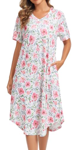 Image of Kabento Nightgowns for Women Cotton Short Sleeve Long Night Gowns with Pockets