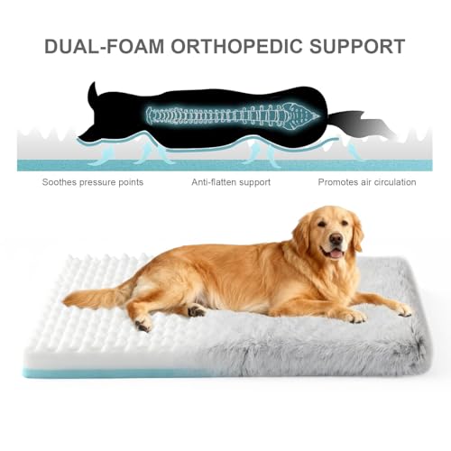 Image of Orthopedic Memory Foam Dog Bed Medium Size Crate Pad 35 x 22 Inch Gray | Dual-layer support with removable washable plush cover waterproof liner nonslip base for kennel car and home use up to 60 lb
