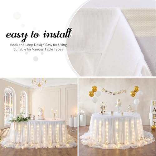 leegleri White Tulle Table Skirt, 6FT Rectangle, LED Light, Wedding & Baby Shower