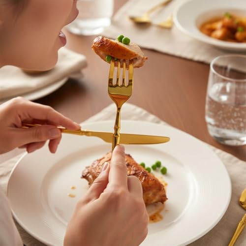 Image of 30 Pcs Gold Cutlery Set for Dining Table the Perfect Lightweight Silim Handle Tableware Including Dinner Spoon, Dinner Fork, Dinner Knife, Dessert Spoon & Dessert Fork