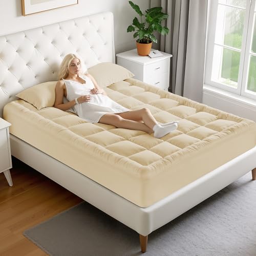 Image of MATBEBY King Size Mattress Pad - Cooling Breathable Mattress Topper, Quilted Fitted Mattress Protector, Pillow Top Mattress Cover with 8-21 inch Deep Pocket, Soft, Machine Washable, Beige, 78x80 Inches