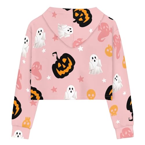 Festival Print Girls Cropped Hoodie, Soft Pullover Sweatshirt for Girl Trendy Short Sleeve Hooded Top,5-14Y4