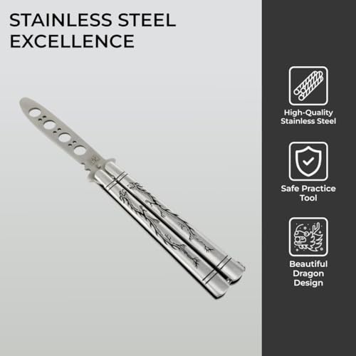 H&S Practice Butterfly Knife Trainer - Dragon Design with Blunt Blade - Balisong Trainer Knife - Only for Training - Can't Be Sharpened - Made From Stainless Steel - Not Real Blade