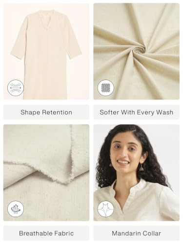 Image of SAADAA Women's Linen Straight Fit Straight Long Kurta Airy Plain Kurta, 3 /4 Sleeve, Knee Length Kurtis with Pockets, Casual and Office Wear