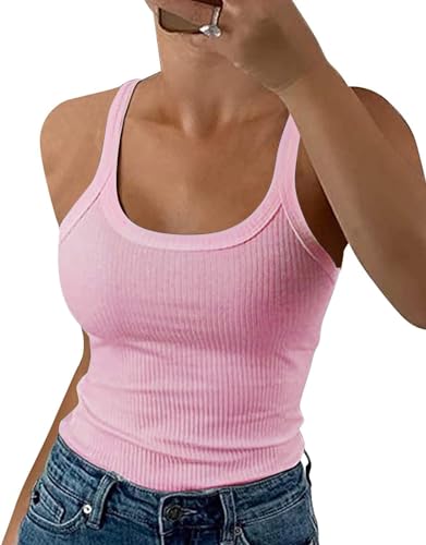 ELFIN Damen Spaghetti Top Gerippt Sommer Sexy Tank Top Cami Oberteile Ärmellos Slim Fit Basic Shirt Ribbed Träger Tops Einfarbig (XL, Rosa)