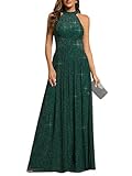 Ever-Pretty Women's Sexy Halter Sleeveless Pletaed Floor Length Glitter Evening Formal Dress Dark Green US8