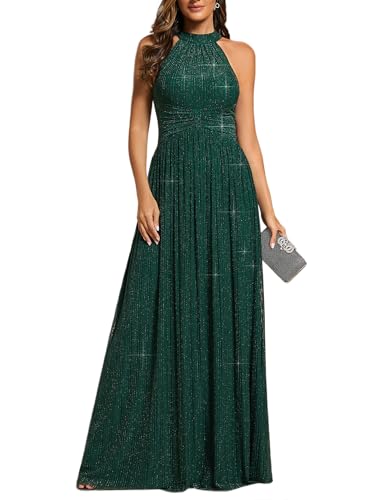Ever-Pretty Women's Sexy Halter Sleeveless Pletaed Floor Length Glitter Evening Formal Dress Dark Green US8