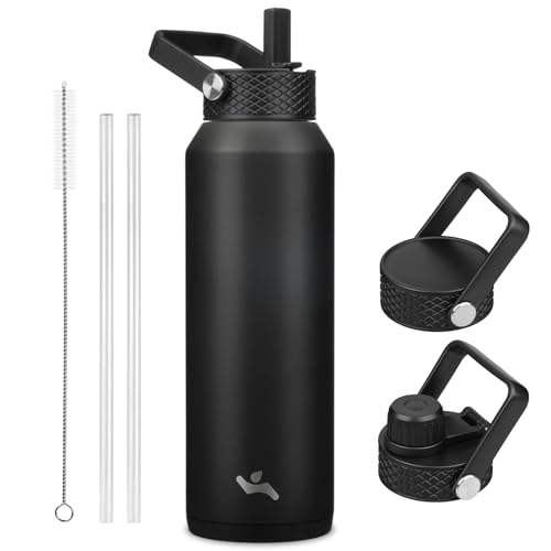 Image of Konokyo 40oz Insulated Stainless Steel Water Bottle with 3 Lids, Leakproof BPA-Free Bottle with Straw Lid, Sip Lid and Flex Cap for Gym, Travel, School, Office, Black
