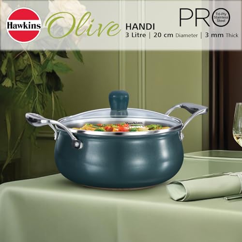 Image of Hawkins 3 Litre Triply Stainless Steel Olive Handi | Induction & Gas Compatible | Easy-Clean Ceramic Exterior | with Glass Lid | Green (POSH30G)
