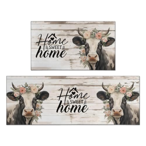 Koesnbre Cow Kitchen Rugs Sets of 2, Vintage Farmhouse Home Kitchen Rugs and Mats, Washable Non Skid Absorbent Microfiber Kitchen Floor Decor Mat 17