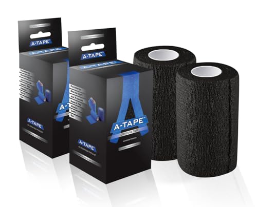 Image of A-Tape Breathable Self Adhesive Cohesive Bandage for Humans & Pets (Dogs, Cats, Birds) -Sports, Wrap, Athletic, Non Woven First Aid Medical, Wrist, Swelling (10 cm X 4.5 mtr) (Pack Of 2, Black)