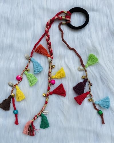 Image of Zippy Flora Boho Handmade Colorful Hair Strings for Navratri, Ethnic Look & Bohemian Styling, Red Braided Thread Hairband & Hair Extensions, Shoulder Length 12-14 Inch Hair Accessories