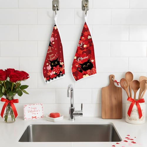 Image of Valentines Day Kitchen Towels, 4 PCS Black Cat Red Heart Dish Towels, Absorbent Hello Love Dish Cloth Hand Towel for Kitchen Anniversary Wedding Valentines Decoration Housewarming Gifts