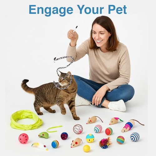 Image of 20 Pcs Cat Toy Set | Interactive Cat Teaser & Play Kit | Feather Wand, Plush Mice, Crinkle Balls, Tunnel & More | Indoor Toy for Kittens & Adult Cats