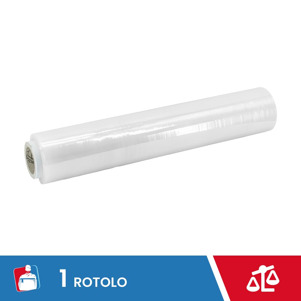 Film Estensibile Imballaggio Trasparente 1 Rotolo 200Mt x 47H cm Extra Resistente per Spedizioni e Trasloco