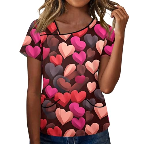 Women's Spring Fashion Casual Printed Tshirts Work Clothes with Skew Collar and Double Layer Pocket Basic Top Red
